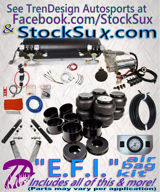 This image is an example of the main components in an E.F.I. air ride suspension system, including the heavy-duty compressor kit, coated air tank, 4 air bags, bolt-on, powder-coated front & rear brackets, brushed billet aluminum Control Panel with single, 2-needle gauge & two electric switches, & more.  It also includes a weld-on Front Shock Relocator Kit with two new shocks.