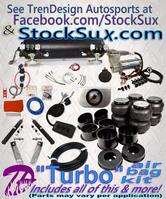 This shows an example of the main components in a Turbo air ride system, including the coated air tank, heavy-duty compressor kit, 4 air bags, front & rear bolt-on, powder-coated brackets, brushed billet aluminum Gauge Panel, wired 3-rocker switchbox, the weld-on Front Shock Relocator Kit with two new shocks, & more.