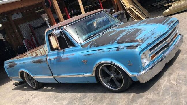 Jery's blue patinaed 1967 Chevy C10 in Texas laid out on our 100% bolt-on air ride