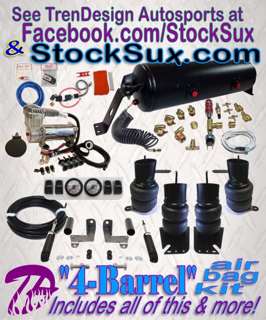 This image is an example of the main components in a “4-Barrel” air ride suspension system, including the heavy-duty compressor kit, coated air tank, 4 air bags, bolt-on, powder-coated brackets, brushed billet aluminum Control Panel with dual 2-needle gauges & 4 manual switches, the weld-on Front Shock Relocator Kit with 2 new shocks, & more.