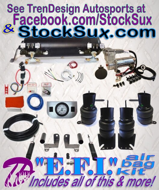 This shows the main components in a E.F.I. air bag kit, including the heavy-duty compressor kit, coated air tank, 4 air bags, front & rear bolt-on, powder-coated brackets, brushed billet aluminum Control Panel with single, 2-needle gauge & 2 electric switches, & more.  It also includes a weld-on Front Shock Relocator Kit with two new shocks.