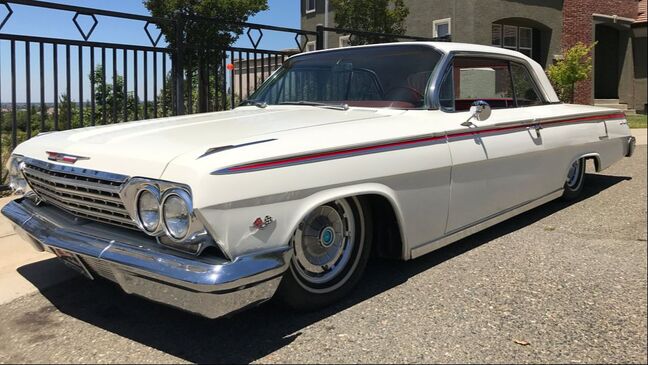 Steve's white 1962 Impala in California laid out on our 100% bolt-on air ride