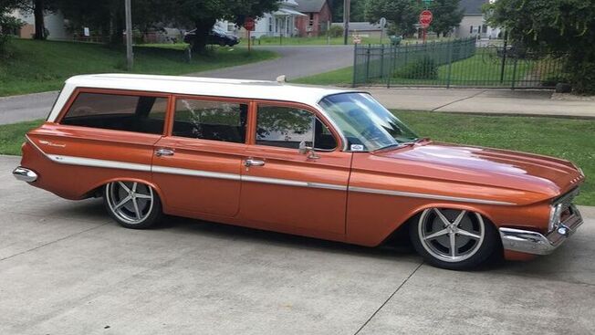 Bret's orange 1961 Chevy Parkwood wagon laid out on our 100% bolt-on air ride