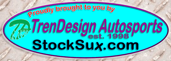 TrenDesign Autosports logo banner with StockSux.com and Facebook.com/StockSux, established in 1998
