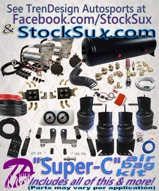 This is an example of the main components in a “Turbo” air bag suspension system, including the heavy-duty compressor kit, coated air tank, four air bags, front & rear bolt-on, powder-coated brackets, brushed billet aluminum Gauge Panel, wired 3-rocker switchbox, the weld-on Front Shock Relocator Kit with two new shocks, & more.